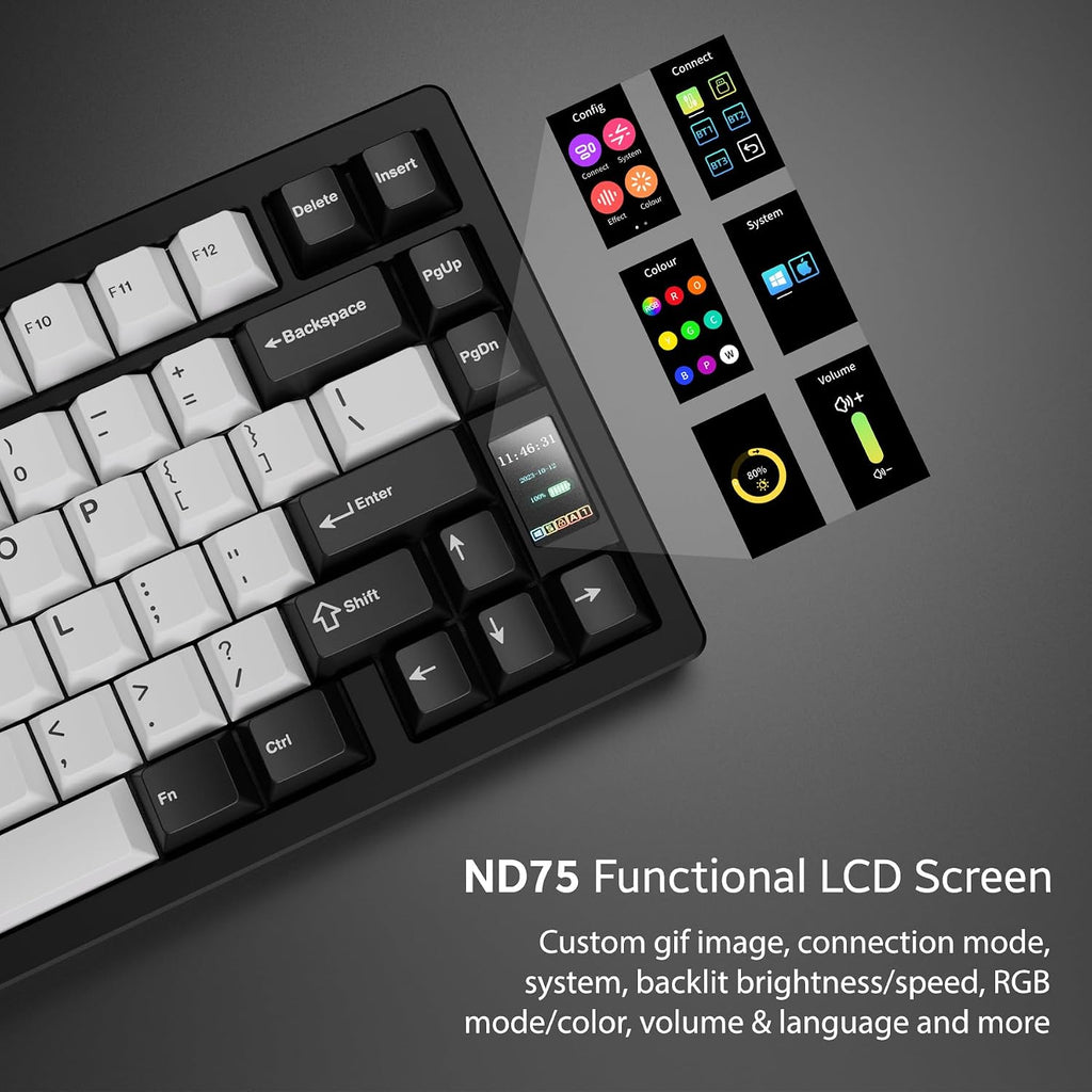 Chilkey ND75 Mechanical Keyboard: 75% Percent Aluminum Wireless Gaming Keyboard with Screen, Quick Assembly, BT/2.4G/USB-C, Hot Swappable Per-key RGB Custom Black Key Board for Laptop Office PC