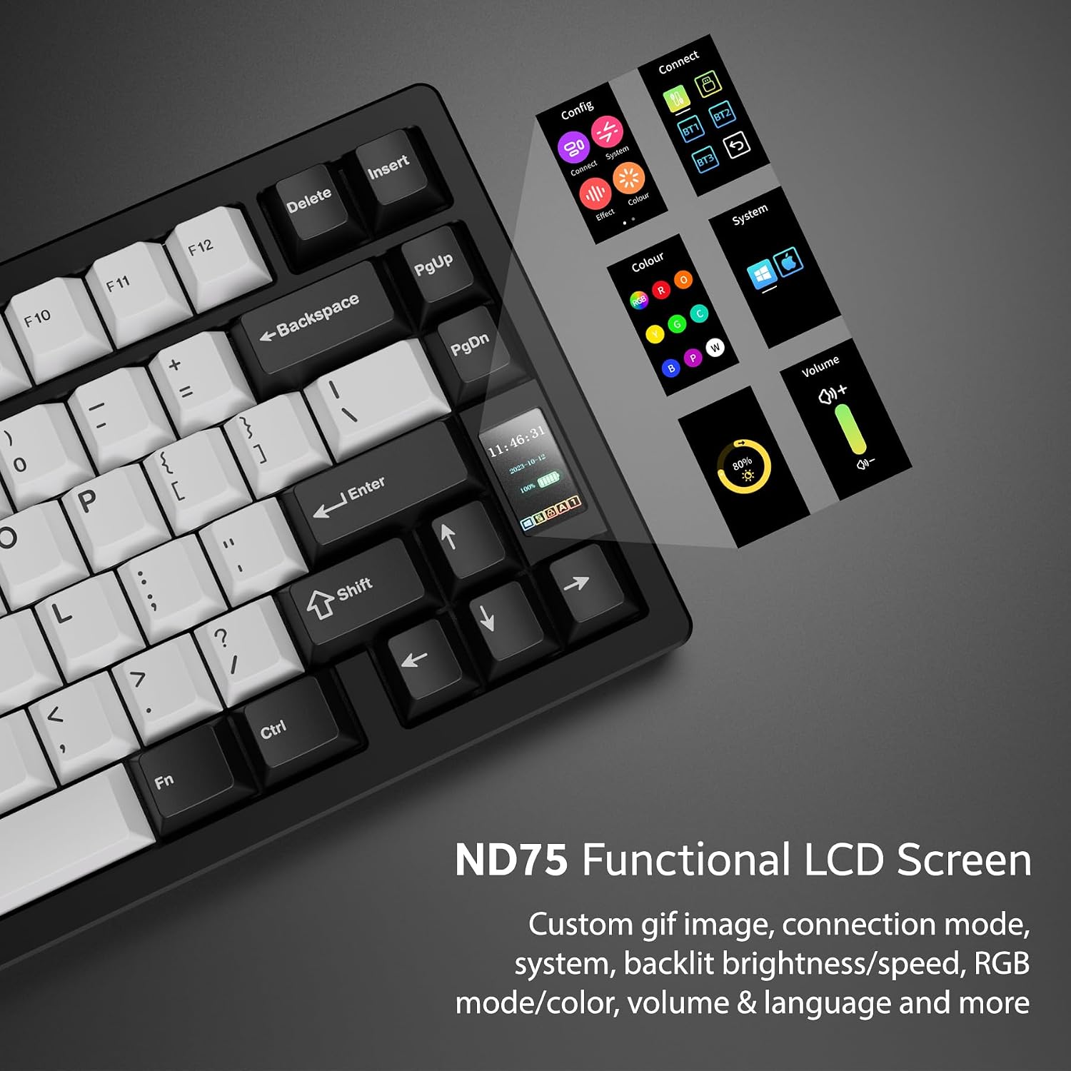 Chilkey ND75 Mechanical Keyboard: 75% Percent Aluminum Wireless Gaming Keyboard with Screen, Quick Assembly, BT/2.4G/USB-C, Hot Swappable Per-key RGB Custom Black Key Board for Laptop Office PC