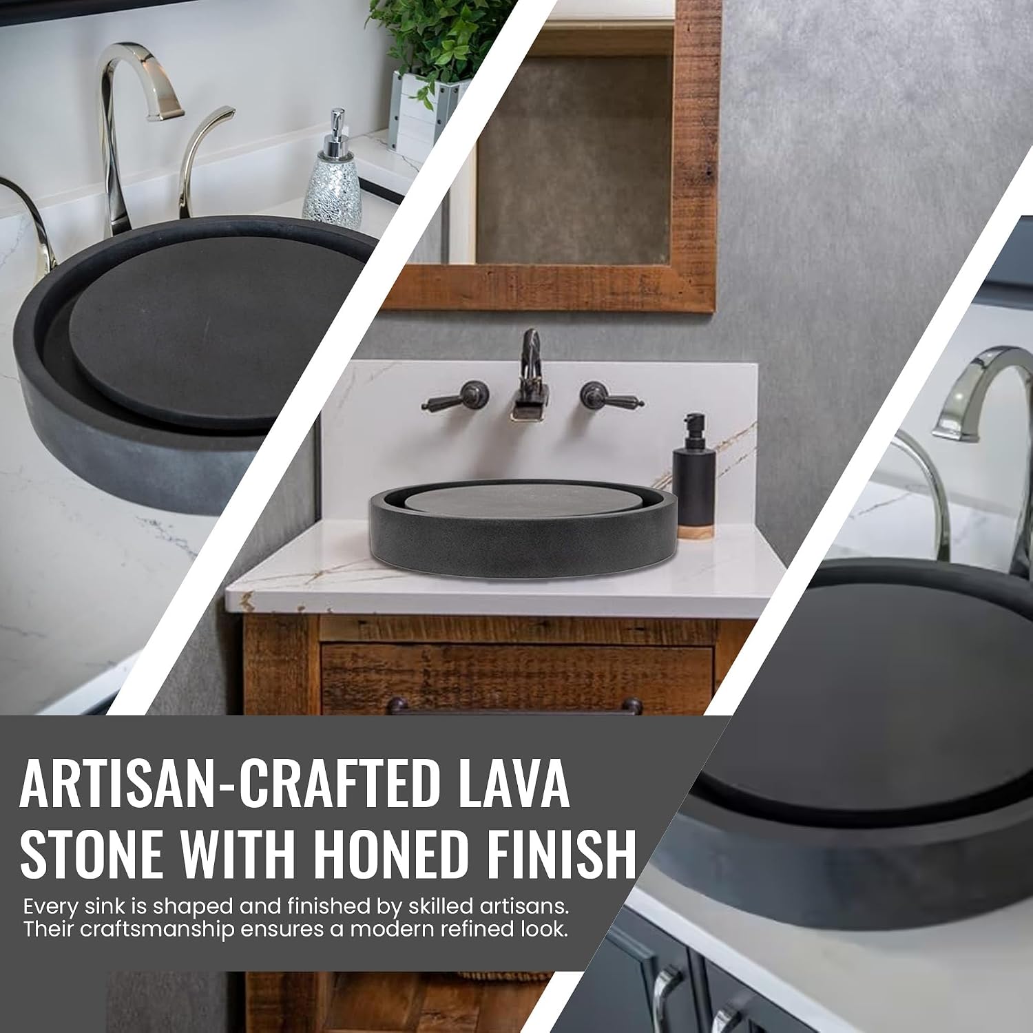 Eden Bath Round Infinity Pool Vessel Sink, Honed Black Lava Stone - Stylish Bathroom Sink