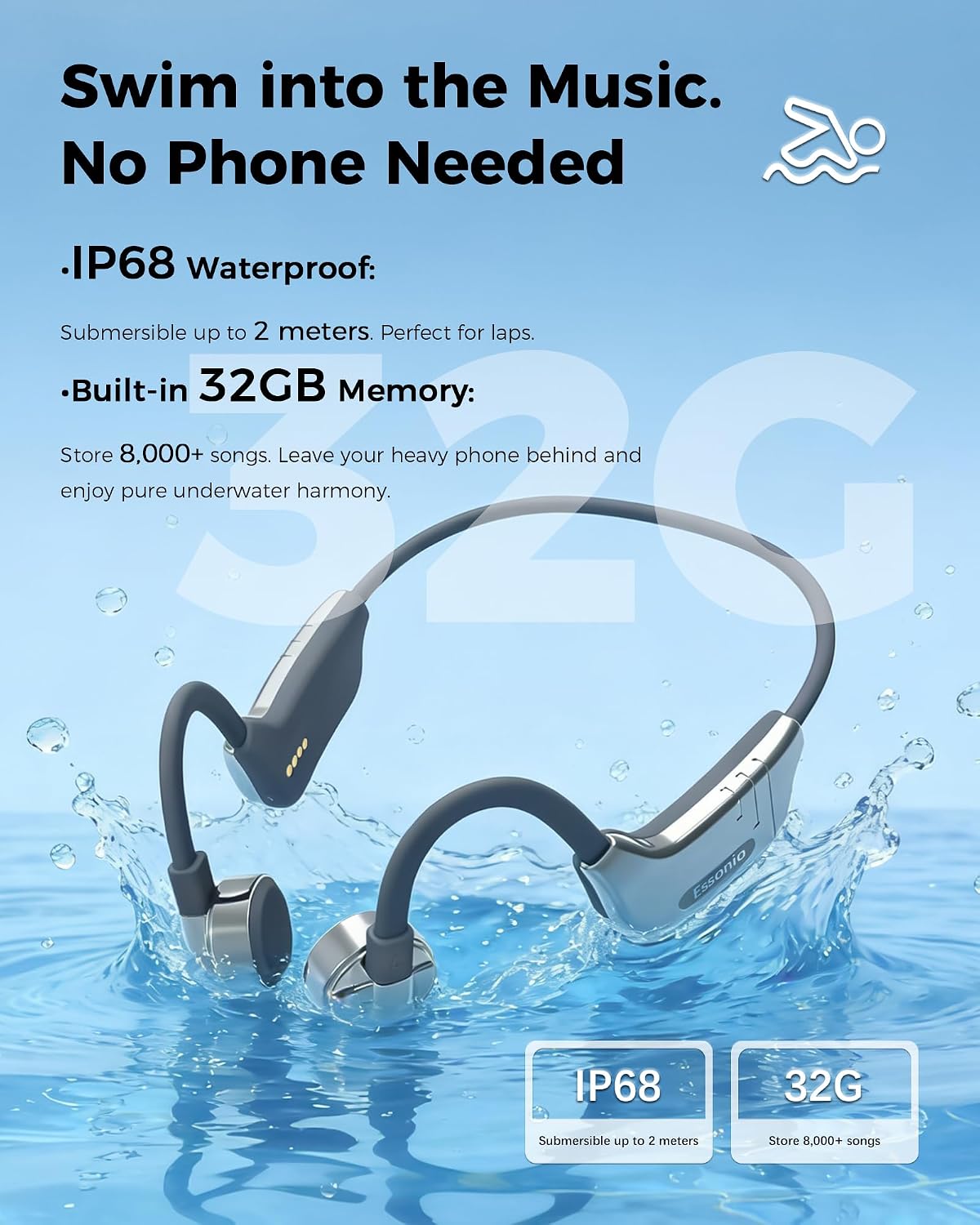 K9 Pro 3-in-1 Bone Conduction Headphones, Open Ear Bluetooth Sports Headset with Detachable Ear Tips, Waterproof MP3 Headphones with AI Voice Control, Noise Cancelling Mic for Swimming Running Gym