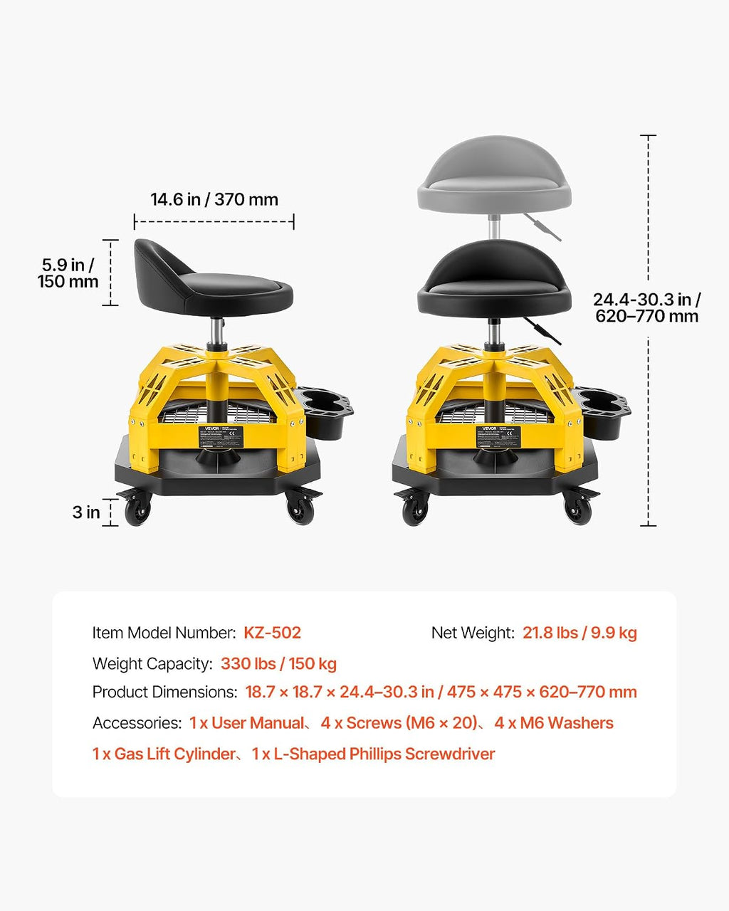 VEVOR Rolling Shop Stool with Wheels, 19.7'-25.6' Adjustable Height, 360° Swivel, 330 lbs Capacity, Garage Work Mechanic Stool with Backrest, Tool Tray Storage, Padded Seat Shop Chair, Black/Yellow