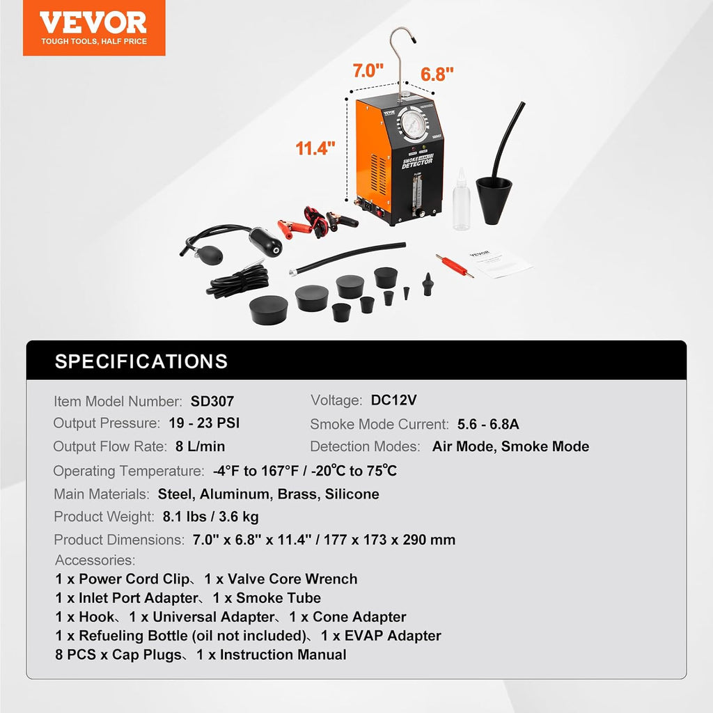 VEVOR Automotive Smoke Machine Leak Detector, DC 12V EVAP Vacuum Diagnostic Tester with Built-in Air Pump, Pressure Gauge & Flow Meter, 2-Mode Fuel Detector for Cars, Motorcycles, Trucks, Boats, ATVs