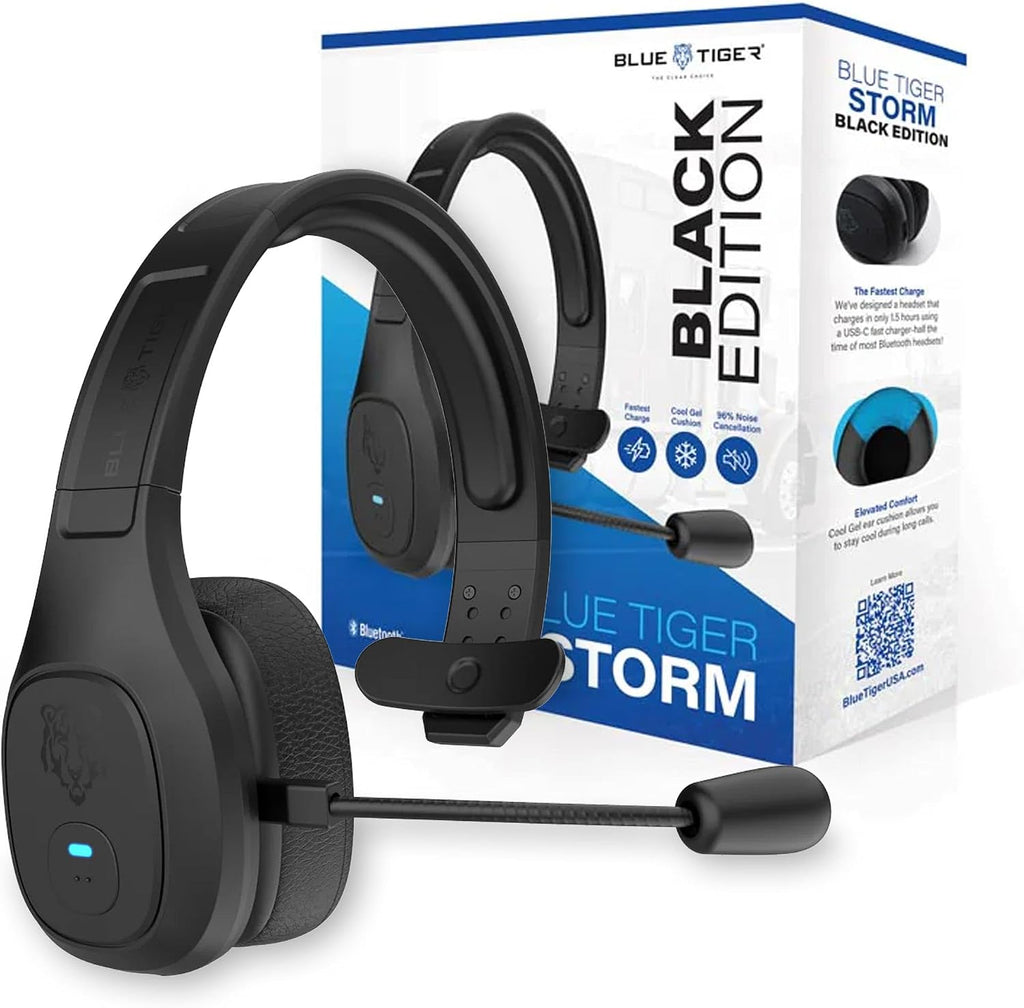 Blue Tiger Storm Black - Premium Trucker Bluetooth Headset - Wireless Noise Canceling Mono Headset with Mic - High-Fidelity Sound, 30-Hour Talk Time, USB-C Charging - for Truck Drivers, Bluetooth 5.0