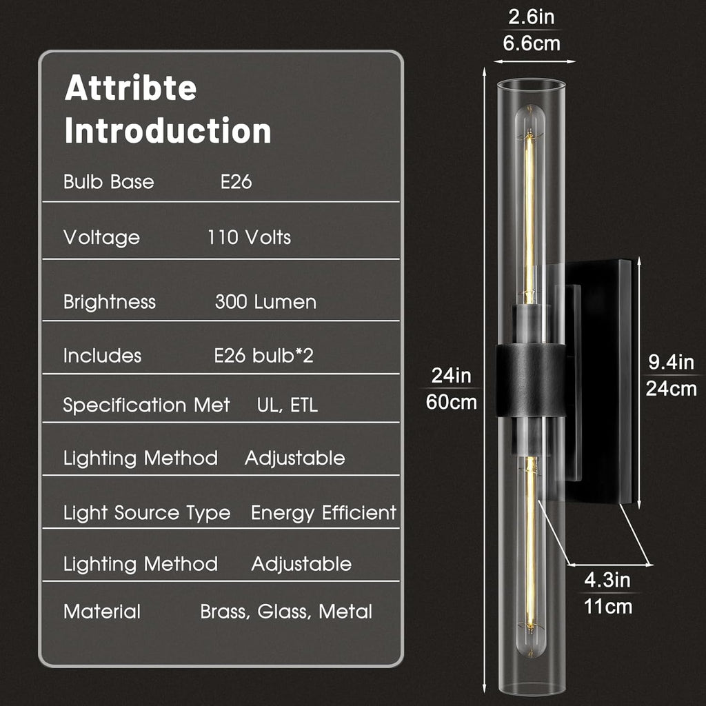 Bathroom Black Vanity Wall Sconces, 2-Light Glass Tube Wall Sconces, 24' Sconces Wall Lighting, Horizontal or Vertical Linear Vanity Light,Bathroom Vanity Light,E26 Bulb Included