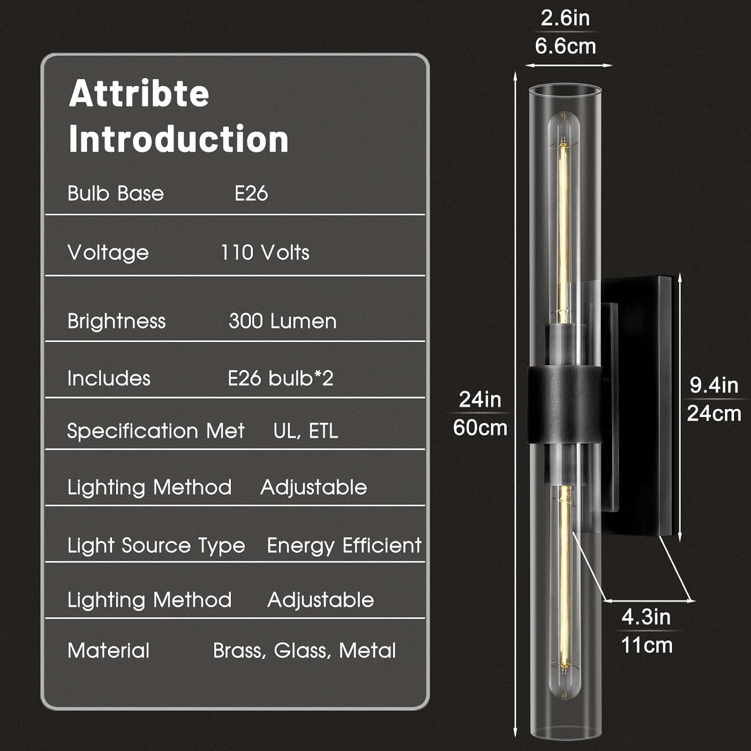 Bathroom Black Vanity Wall Sconces, 2-Light Glass Tube Wall Sconces, 24' Sconces Wall Lighting, Horizontal or Vertical Linear Vanity Light,Bathroom Vanity Light,E26 Bulb Included