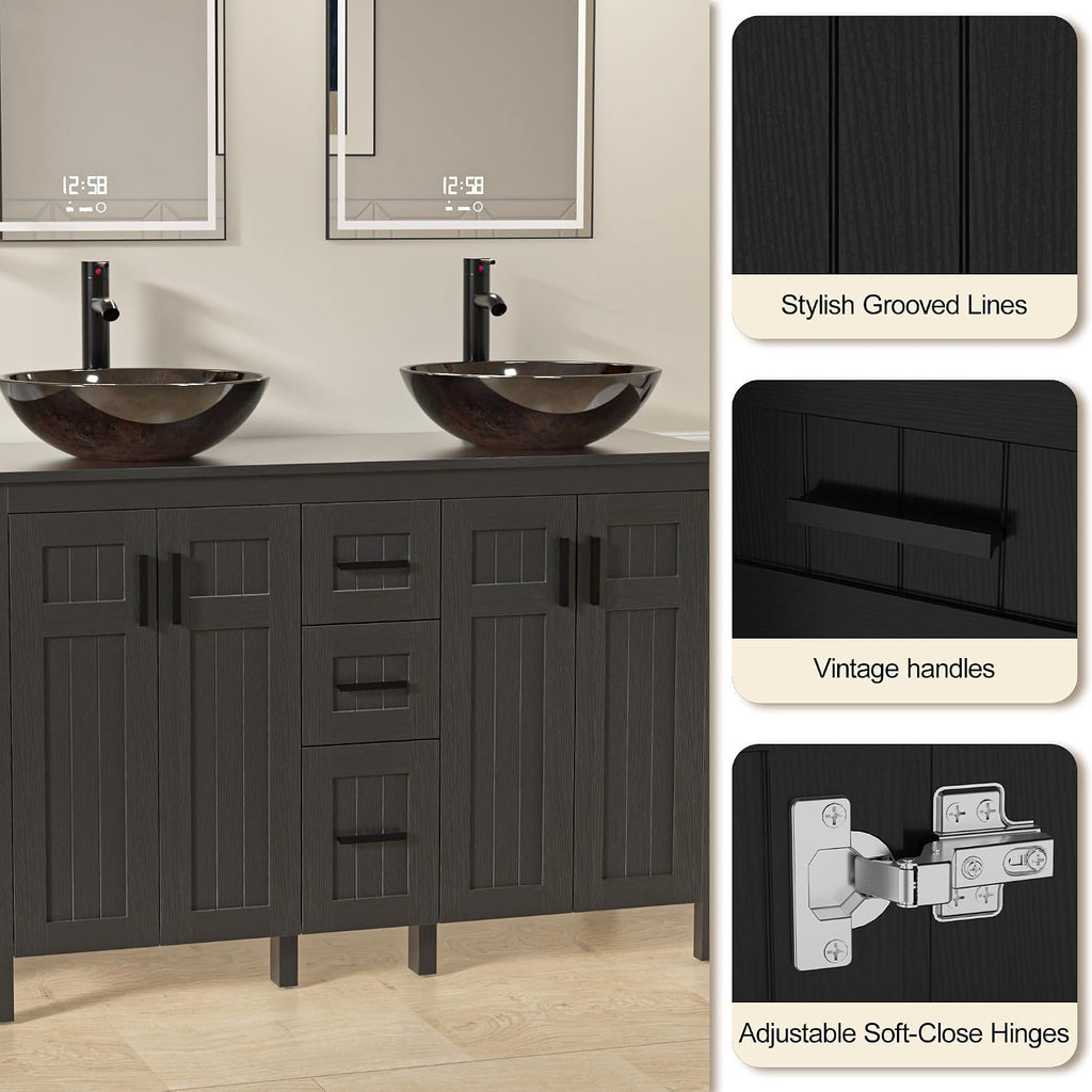 UEV 48' Bathroom Vanity with Sink Combo, Modern Freestanding Sink Cabinet with 3 Drawers, Stylish Bathroom Vanity Cabinet, Grooved Door, Metal Handles,Vessel Sink (Bronze Round Bowl, 48''Black)