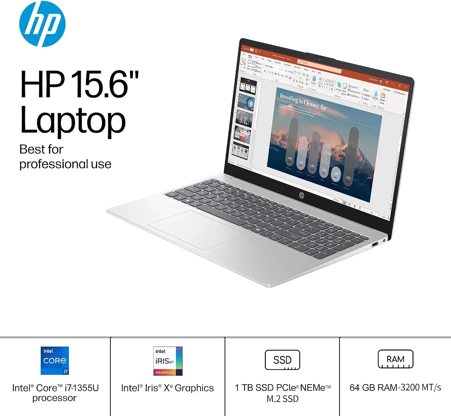 HP Flagship 15.6' FHD Touchscreen Business Laptop, Intel 10-Core i7-1355U(Up to 5.0 GHz), 64 GB RAM, 1 TB SSD, Intel Iris Xe GPU, Wi-Fi 6, HD Camera, HDMI, Copilot AI, Windows 11 Pro, w/Accessories