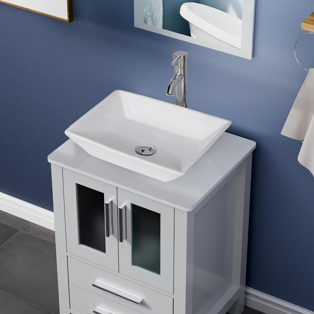 UEV 24' Grey Bathroom Vanity with Ceramic Vessel Sink, ORB Faucet, MDF Vanity with Pop Up Drain and 30% Water-Saving Design, Soft Closing Drawers/Doors,Mirror Not Included (A07)