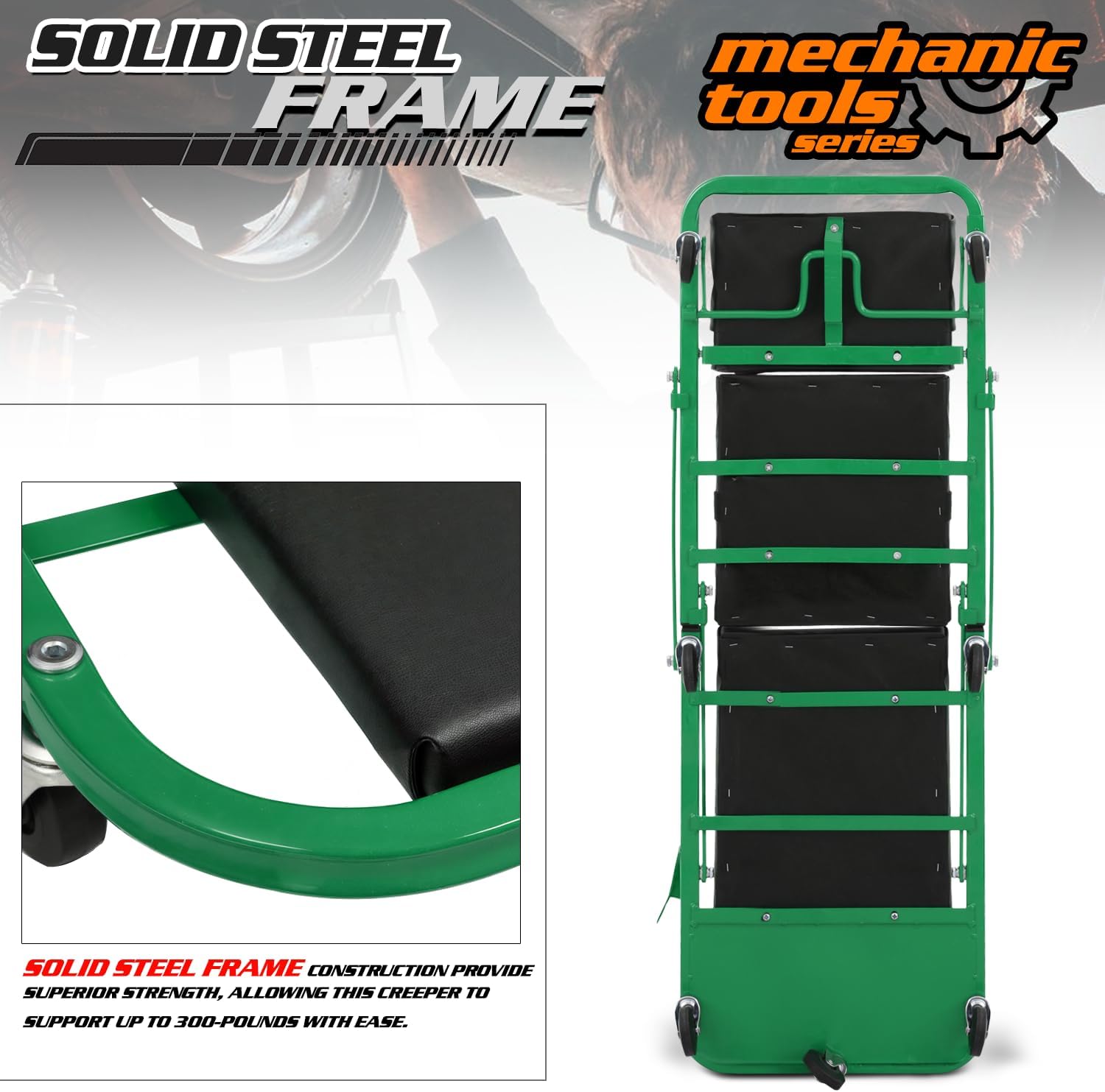 M-AUTO Heavy-Duty Convertible Mechanic Creeper, 48' Padded Adjustable Headrest Roller Garage Chair with 7 Swivel Casters for Washing, Detailing, Maintenance, Green
