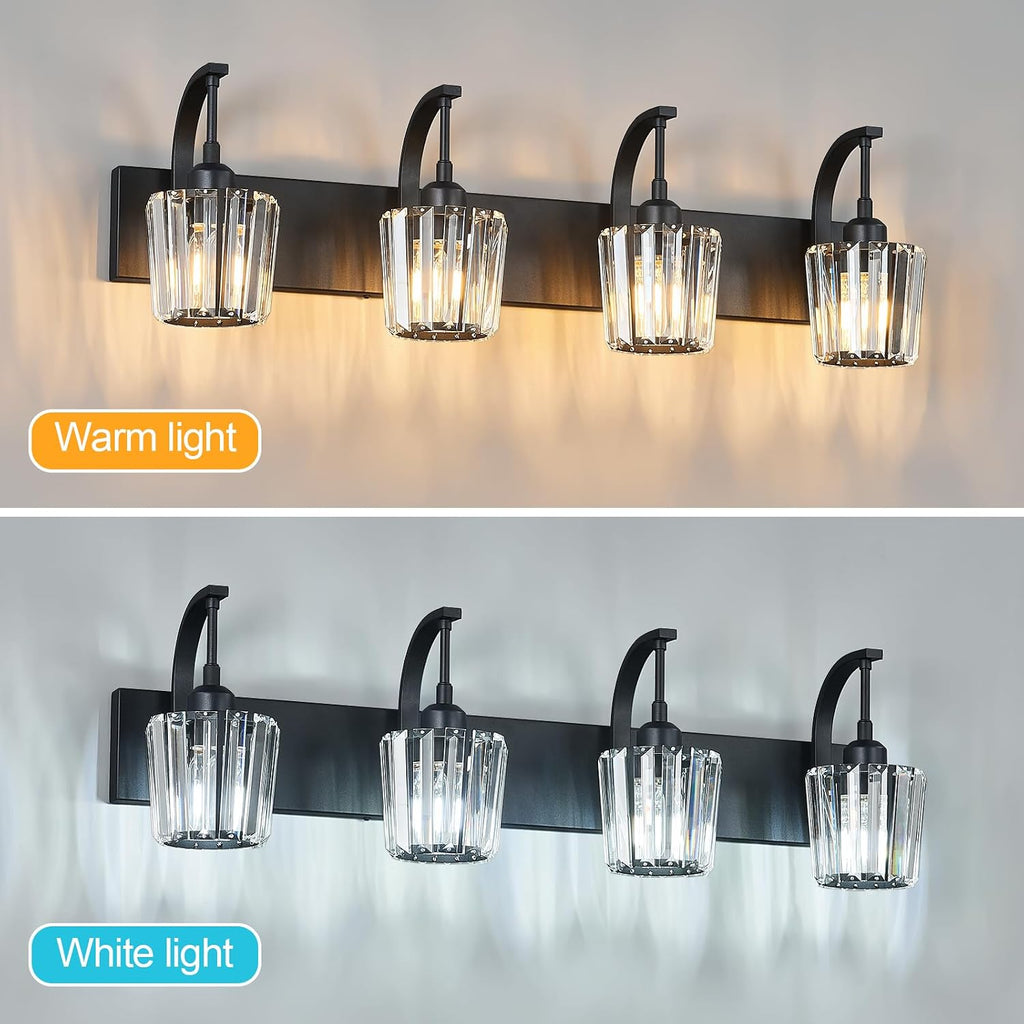 Modern Bathroom Vanity Light, 4-Light Black Wall Sconce with Crystal Accents, Over Mirror Bathroom Lighting Fixture, 32.67' Long Dimmable Vanity Lamp for Makeup, Easy Installation