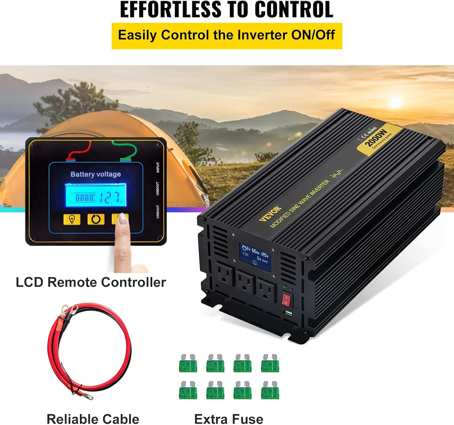 VEVOR Power Inverter, 2000W Modified Sine Wave Inverter, DC 12V to AC 120V Car Converter, with LCD Display, Remote Controller, LED Indicator, AC Outlets Inverter for Truck RV Car Boat Travel Camping