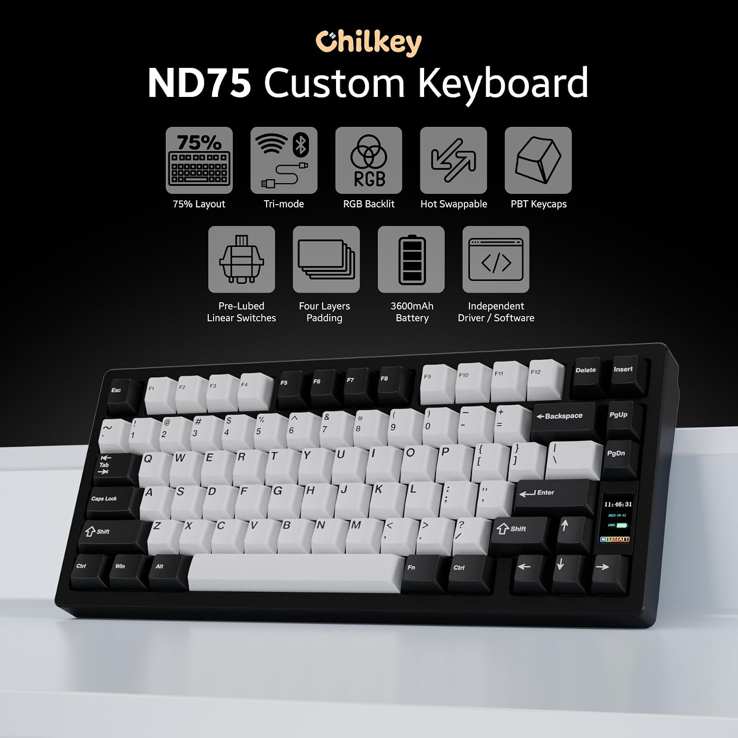Chilkey ND75 Mechanical Keyboard: 75% Percent Aluminum Wireless Gaming Keyboard with Screen, Quick Assembly, BT/2.4G/USB-C, Hot Swappable Per-key RGB Custom Black Key Board for Laptop Office PC
