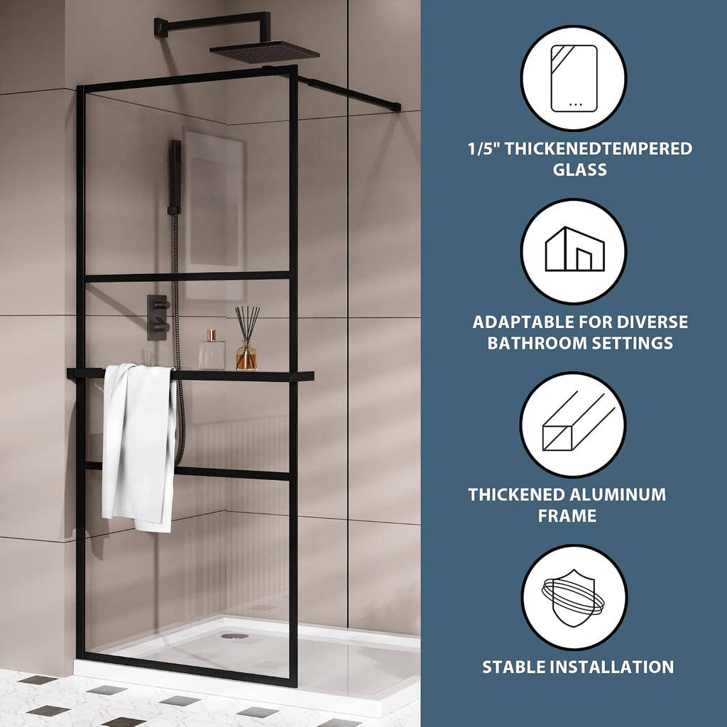 Goodyo 34' x 72' Shower Door Tempered Glass Shower Screen with Tool Bar Towel Rack for Walk in Bathroom 3-Grid Style