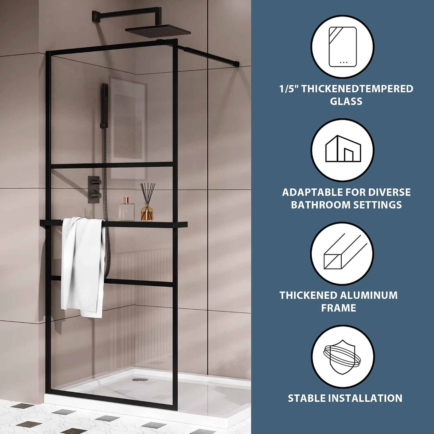 Goodyo 34' x 72' Shower Door Tempered Glass Shower Screen with Tool Bar Towel Rack for Walk in Bathroom 3-Grid Style