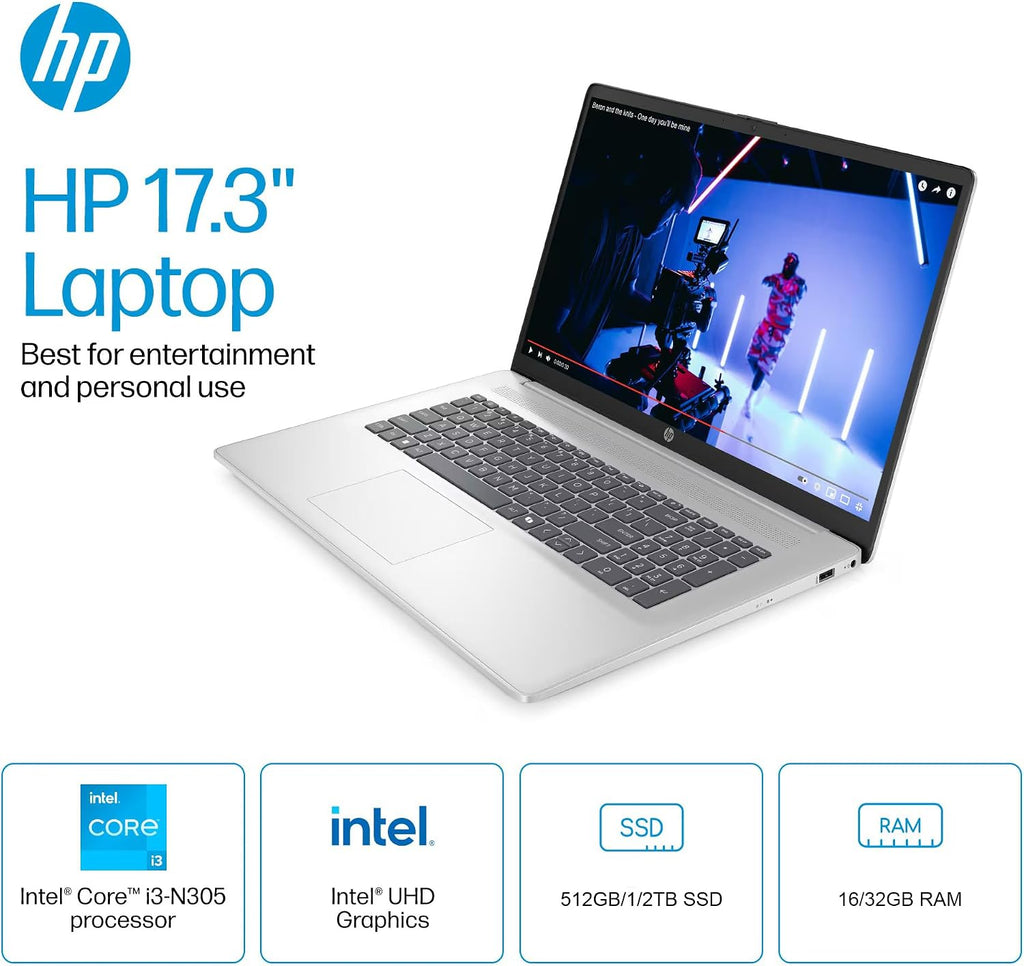 HP 17 Laptop for Business Student Computer - 17.3' HD+ Display, Intel 8-Core i3-N305, Numeric Keypad, Wi-Fi 6, Copilot, Windows 11 Pro, 32GB RAM, 1TB SSD