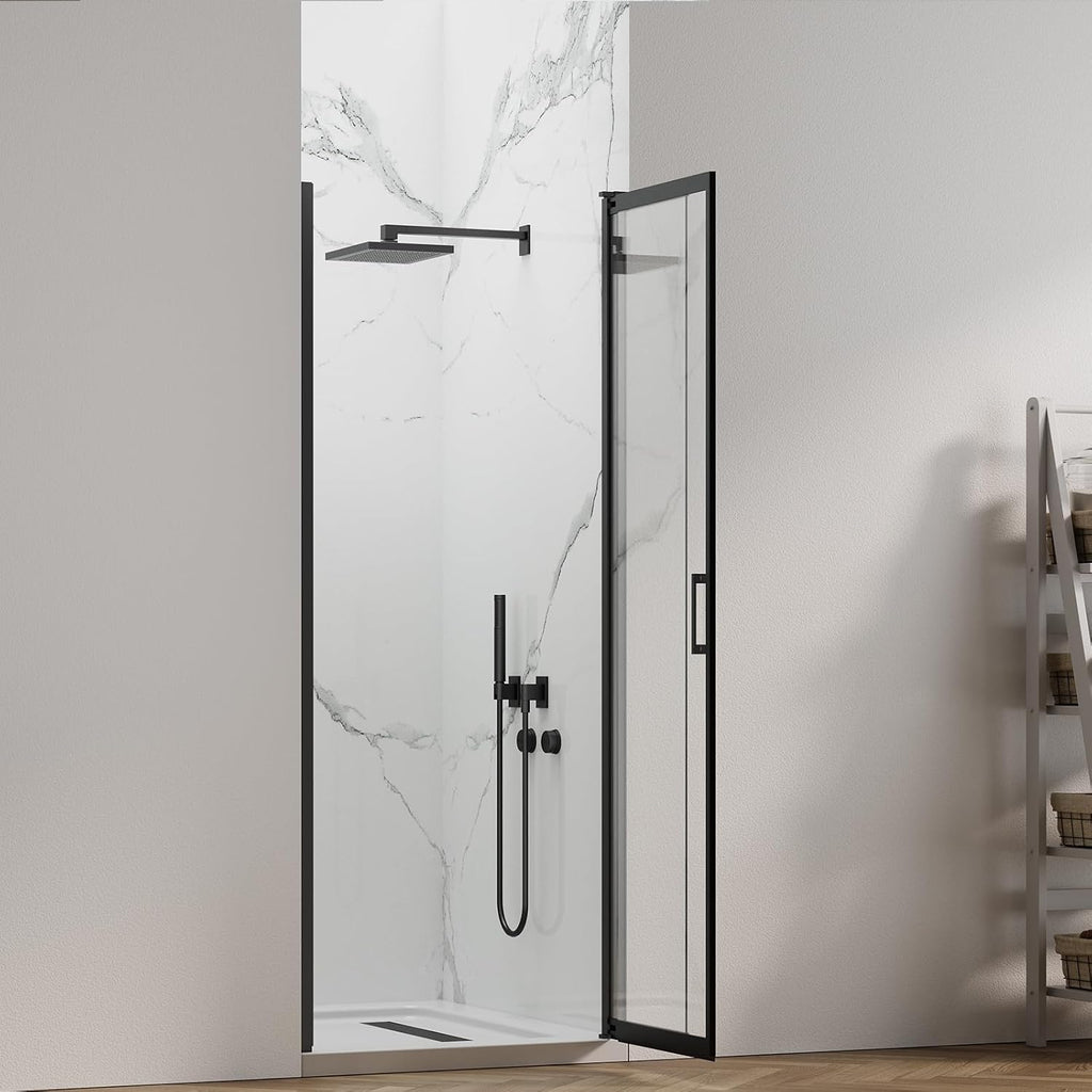27-30' W x 72' H Pivot Swing Glass Shower Doors, 180° Rotating Retractable Bathroom Shower Door, Frameless Sliding Extended Bypass Shower Door with 3/16'(5mm) Clear SGCC Tempered Glass Matte Black