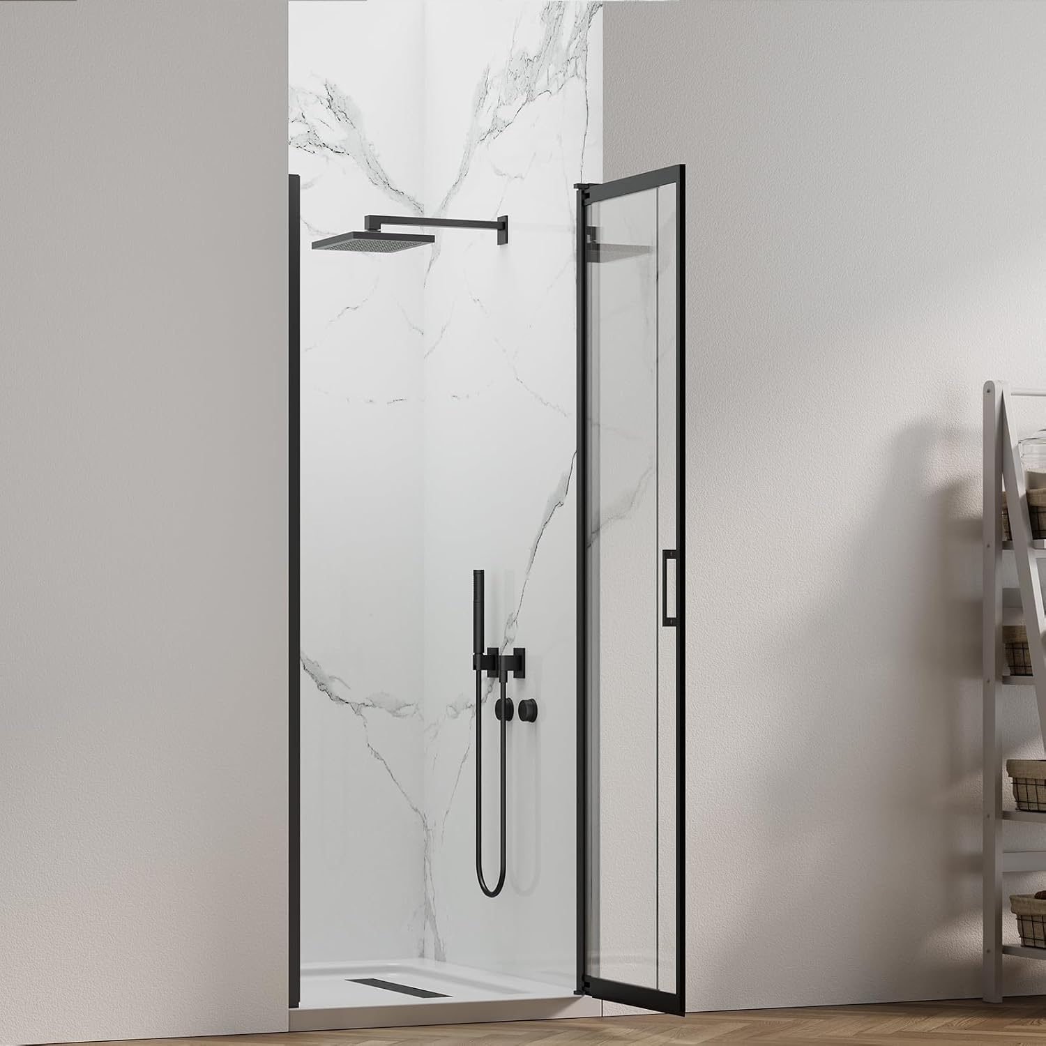 27-30' W x 72' H Pivot Swing Glass Shower Doors, 180° Rotating Retractable Bathroom Shower Door, Frameless Sliding Extended Bypass Shower Door with 3/16'(5mm) Clear SGCC Tempered Glass Matte Black