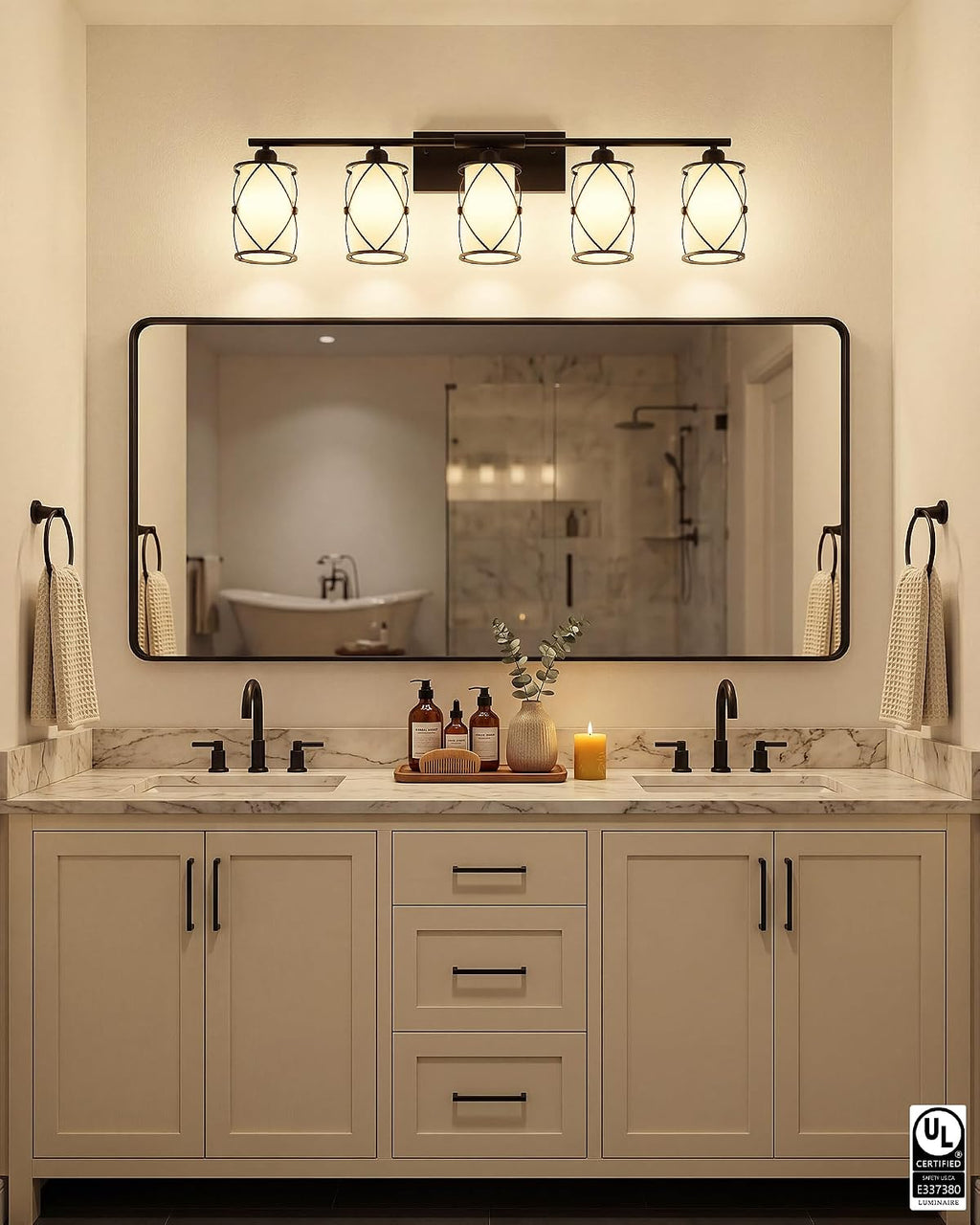 5-Light Matte Black Bathroom Light Fixtures Over Mirror, 38' UL-Listed Modern Farmhouse Wall Sconce Lights with Milk White Frosted Glass and Metal Cage for Bath, E26, CH9176BKW-5W