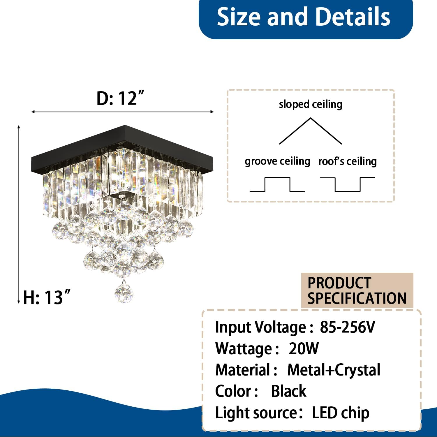 Modern Black Square Crystal Flush Mount Ceiling Light 12' 4 Lights K9 Crystal Chandelier Lighting Fixture for Bedroom Dining Room Kitchen Hallway Entryway Closet Small Living Room