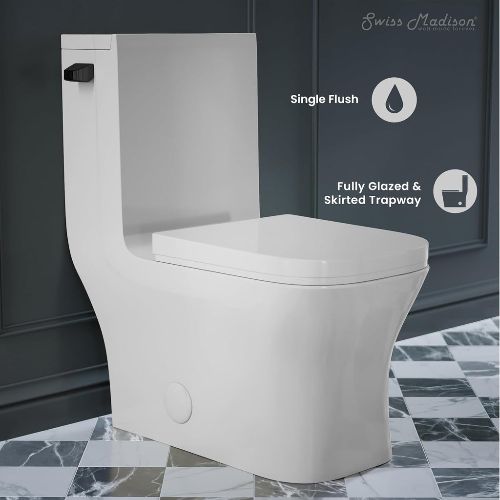 Concorde One-Piece 12' Rough-in 1.28 GPF Left-Hand Flush Square Toilet in Glossy White with Black Hardware