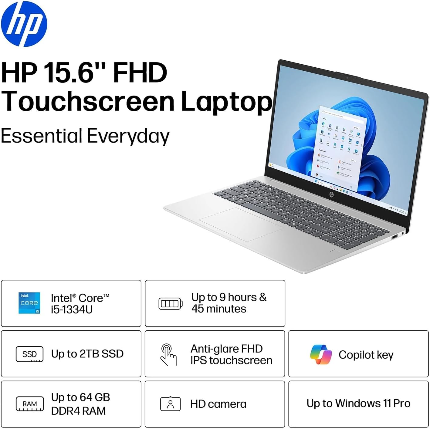HP 15.6'' FHD Touchscreen Laptop, Intel 10-Core i5-1334U, 16GB RAM 512GB SSD, Lifetime MS Office & Copilot AI, Laptop for Business&Student, WiFi 6, Windows 11 Home