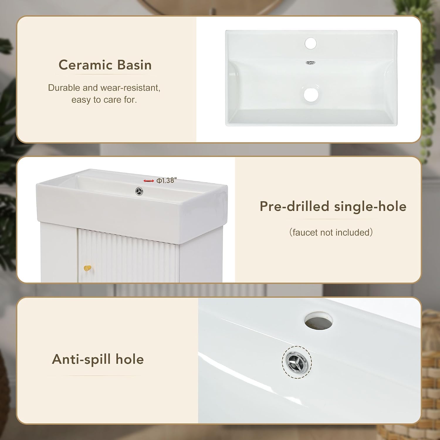 21.6-inch Bathroom Vanity with Sink, Wall-Mounted Vanity Cabinet with Storage Cabinet & Left Two-Tier Shelf, Solid Wood Bath Vanity Organizer with Ceramic Sink for Bathroom, White