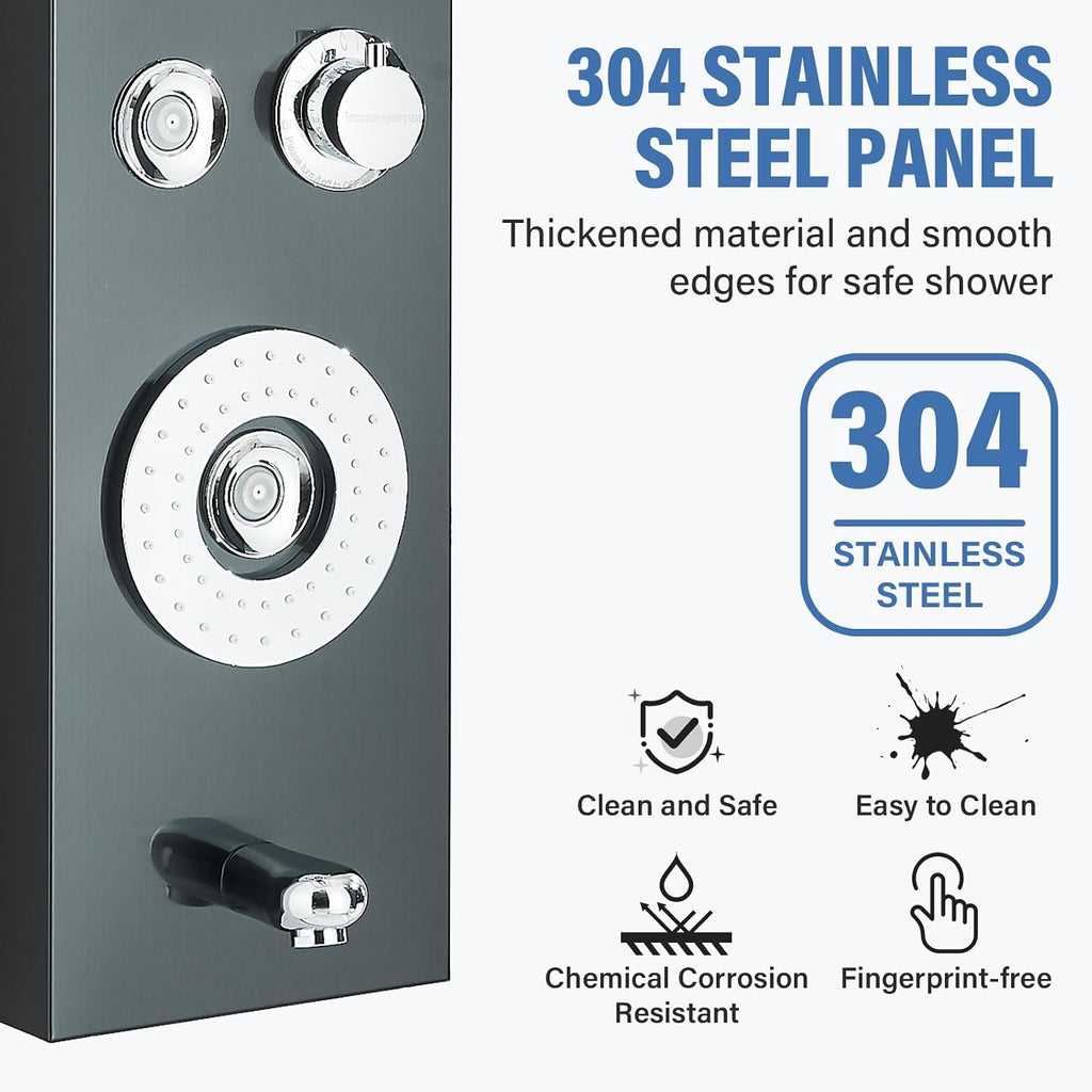 FUZ Shower Panel Tower System, Stainless Steel 6 Functions Shower Panel System with LED Fancy Rain Shower Head and Handheld, Adujstable Rain Massage Body Jets and Tub Spout, Matte Black Shower Tower