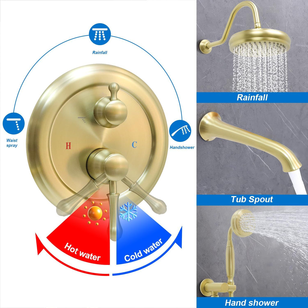 Enga Brushed Gold Antique Brass Tub Shower Faucet Fixture Shower System, 8inch Wall Mount Rain Shower with Spout and Hand Spray