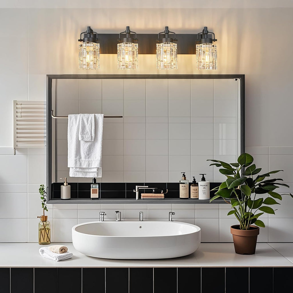 4 Light Crystal Glass Vanity Light, Black Bathroom Lighting Fixtures Over Mirror Modern Bath Wall Sconce Lighting for Bedroom Living Room