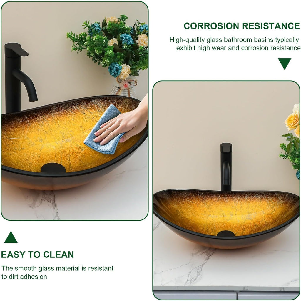 Sarlai Bathroom Vessel Sink Modern Artistic Tempered Glass Basin Countertop Bowl Sink for Lavatory Vanity Cabinet