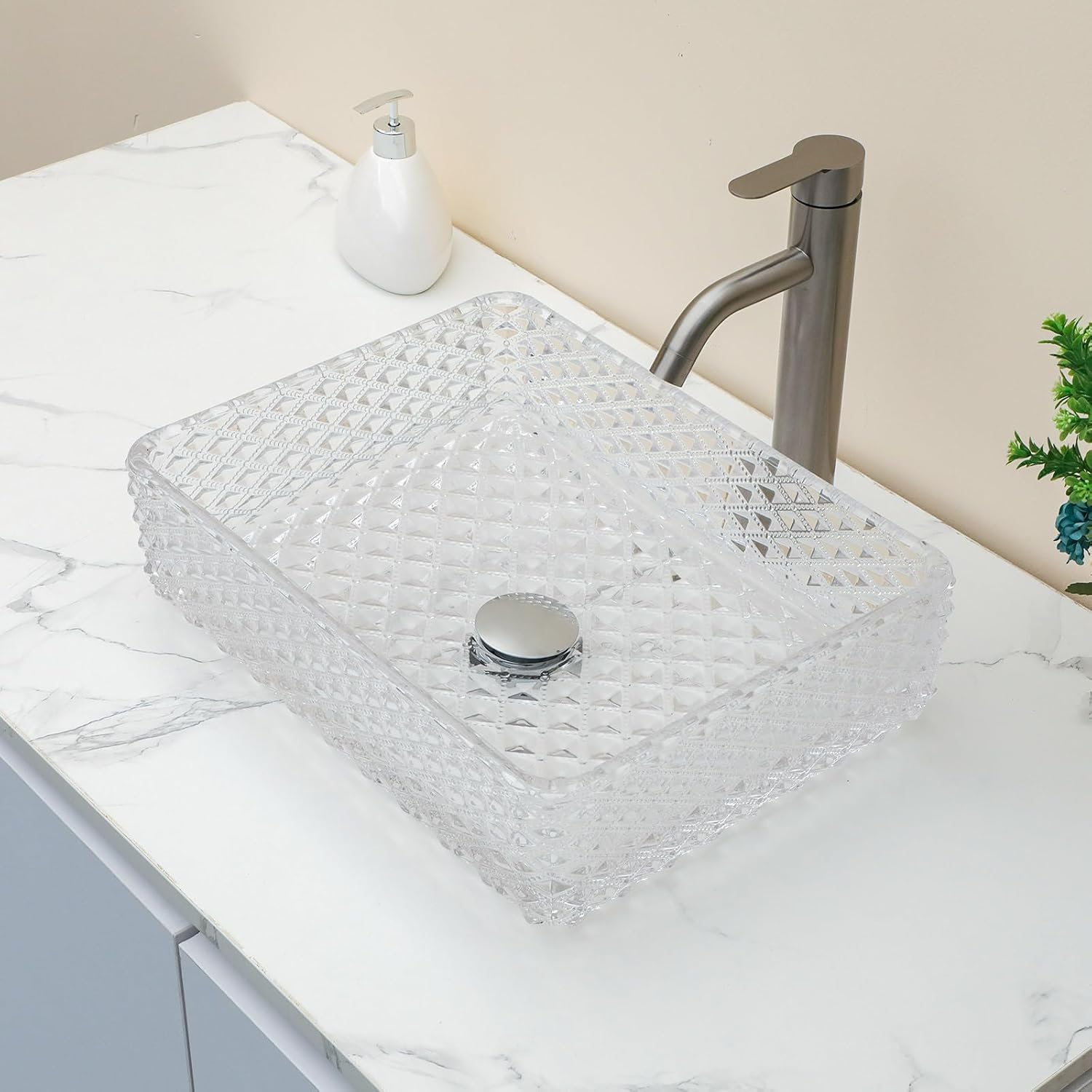 Sarlai Bathroom Vessel Sink Tempered Glass Bowl Vessel Sink with Pop-up Drain Combo 17-1/2x13 Inch Diamond Rectangular Countertop Bathroom Sink Basin