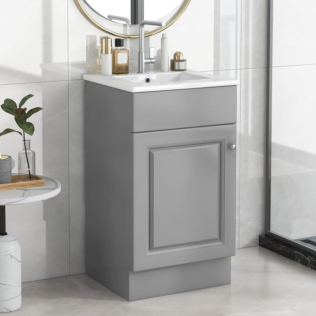 18-inch Bathroom Vanity Sink Combo, Free-Standing Single Storage Cabinet with Adjustable Shelf & Storage Rack, Wooden Bath Vanity with Ceramic Basin for Bathroom (Grey)