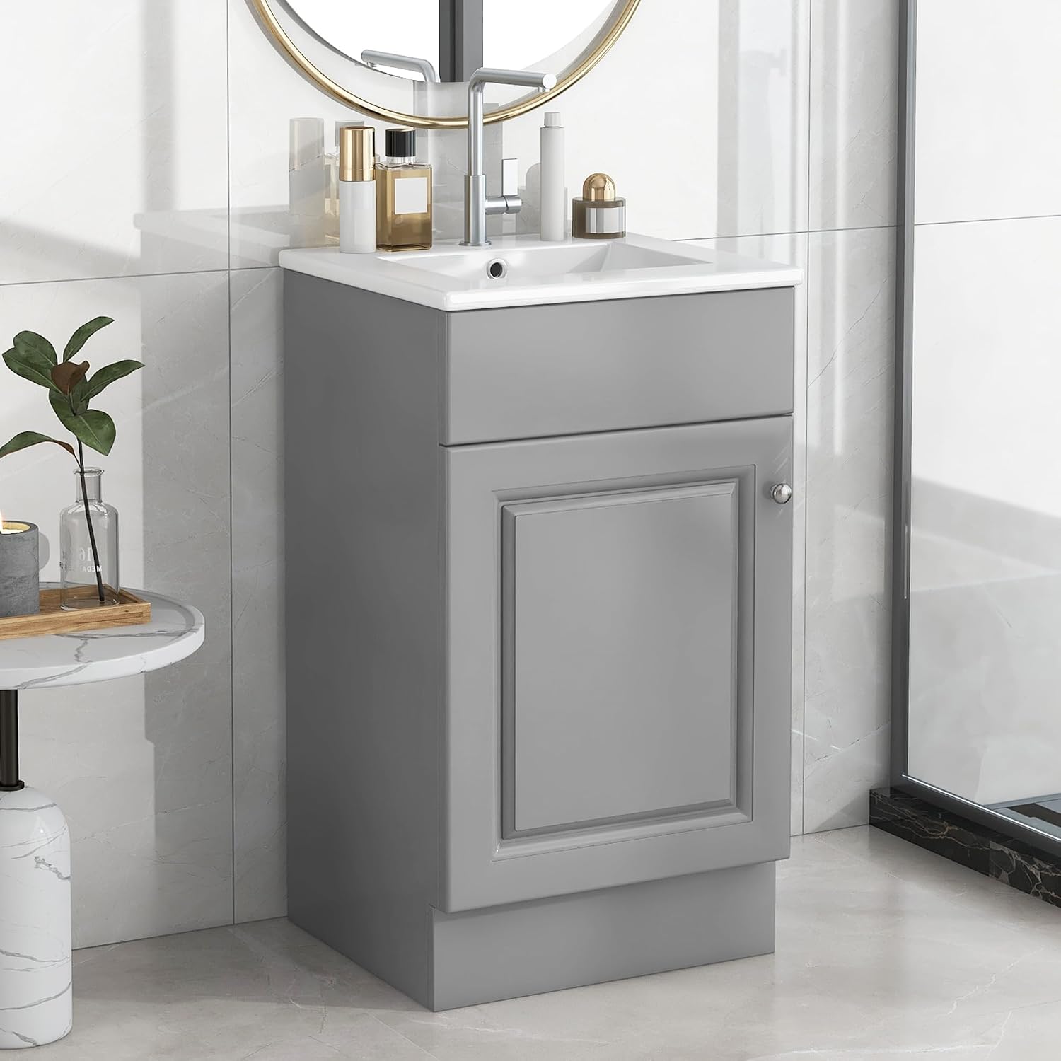 18-inch Bathroom Vanity Sink Combo, Free-Standing Single Storage Cabinet with Adjustable Shelf & Storage Rack, Wooden Bath Vanity with Ceramic Basin for Bathroom (Grey)