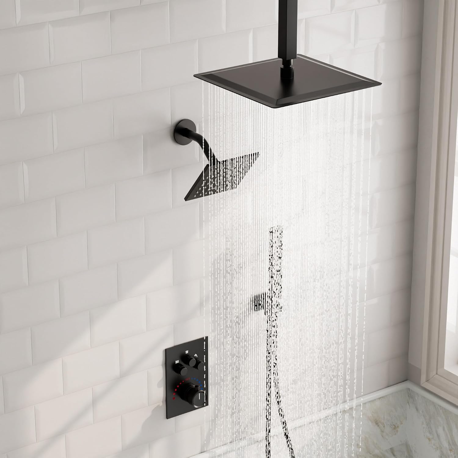 Thermostatic Shower System, 12 Inch Dual Rainfall Shower Heads for Ceilling & Wall Mounted with Handheld Sprayer, Matte Black
