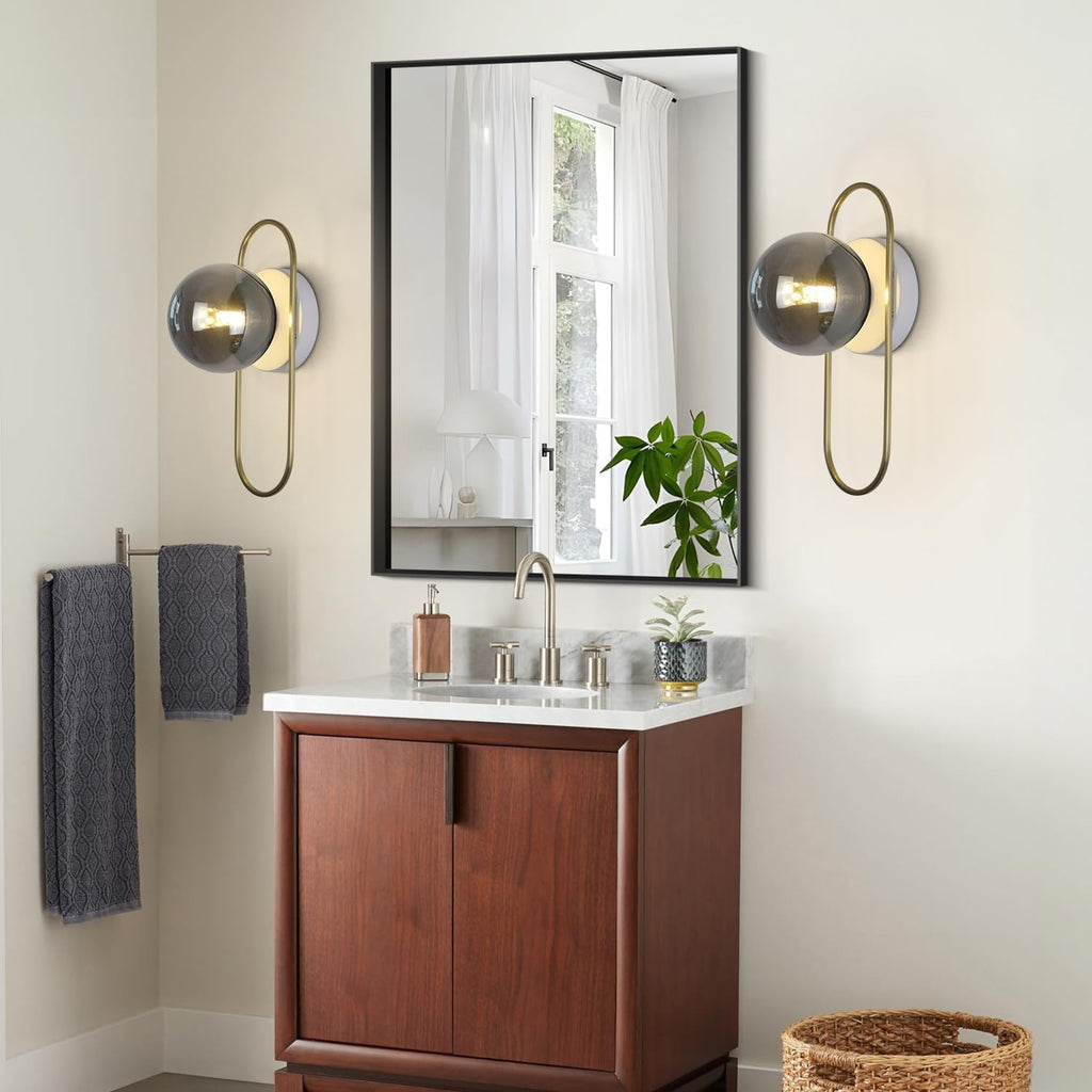 Modern Brass Wall Sconce Mid Century Glass Wall Sconces Brushed Gold Wall Lamp Vintage Wall Sconces Set of Two Hardwired Farmhouse Wall Light Fixtures (2 Pack)