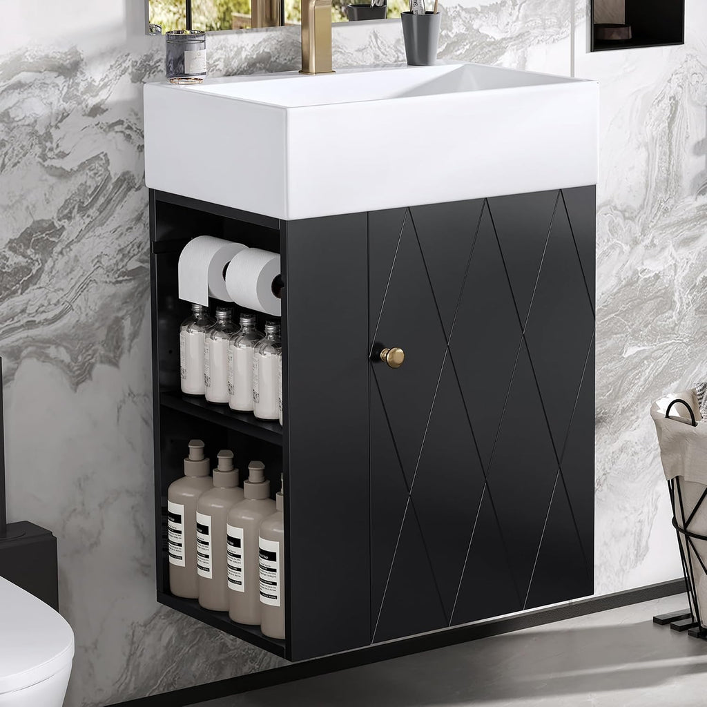 20-inch Bathroom Vanity with Sink Combo, Wall-Mounted Single Storage Cabinet with One Cabinet & Left 2-Tier Storage Shelves, Wooden Vanity with Ceramic Basin for Bathroom, Black