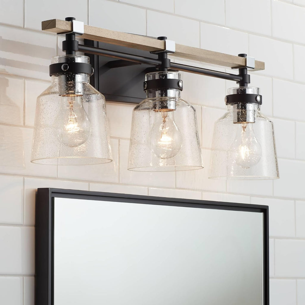 Possini Euro Design Broadway Modern Industrial Wall Light Black Painted Faux Wood Hardwired 23' 3-Light Fixture Clear Seedy Glass Shade for Cottage Core Bedroom Bedside Bathroom Vanity Living Room