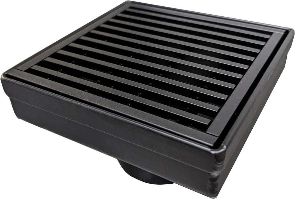 SereneDrains 304 Stainless Steel 4 Inch Square Matte Black Shower Drain Kit for Tile Floor Drain Grate Cover Hair Catcher Trap Strainer Filter (Matte Black, Linear Wedge Design)