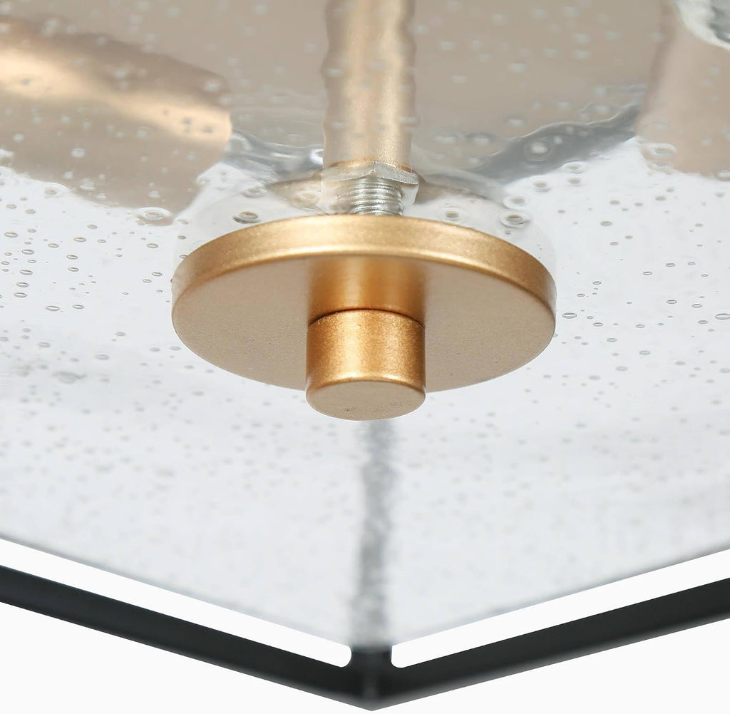 Square Flush Mount Ceiling Light, Black Gold Hallway Light Fixtures Ceiling, Mid-Century Modern 3-Light Close to Ceiling Light with Seeded Glass Shade for Bedroom, Kitchen and Foyer