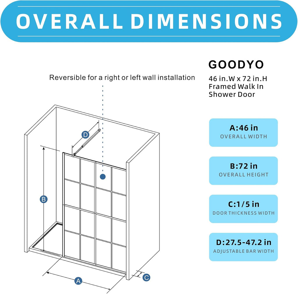 Goodyo 46' X 72' Shower Door Clear Tempered Glass Framed Shower Screen Walk-in Black Finish
