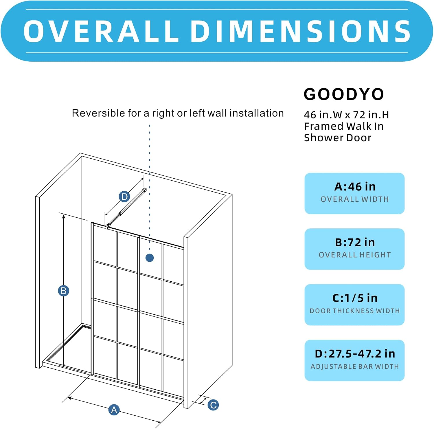 Goodyo 46' X 72' Shower Door Clear Tempered Glass Framed Shower Screen Walk-in Black Finish