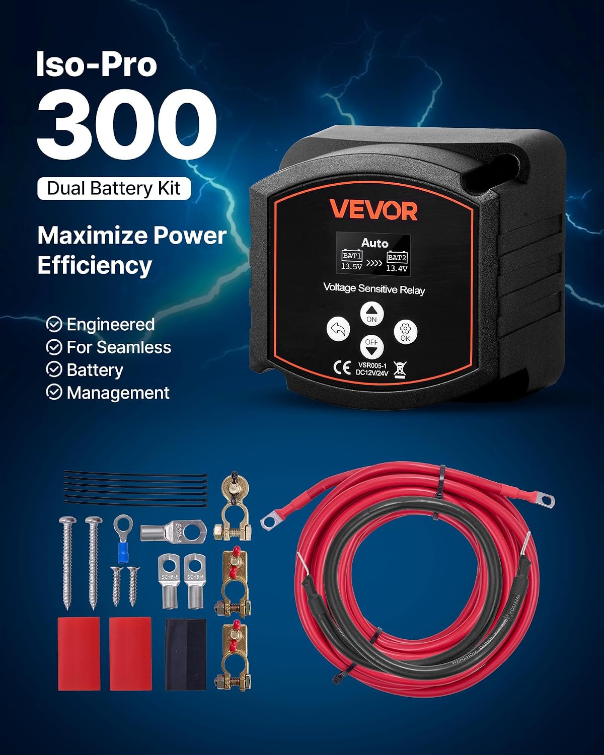 VEVOR Dual Battery Isolator Kit, 12V 300 Amp 20 ft 2AWG, Manual and Automatic VSR Voltage Sensitive Relay with Voltmeter, LCD Screen, Smart Battery Isolator, Compatible with Lithium Batteries, for UTV