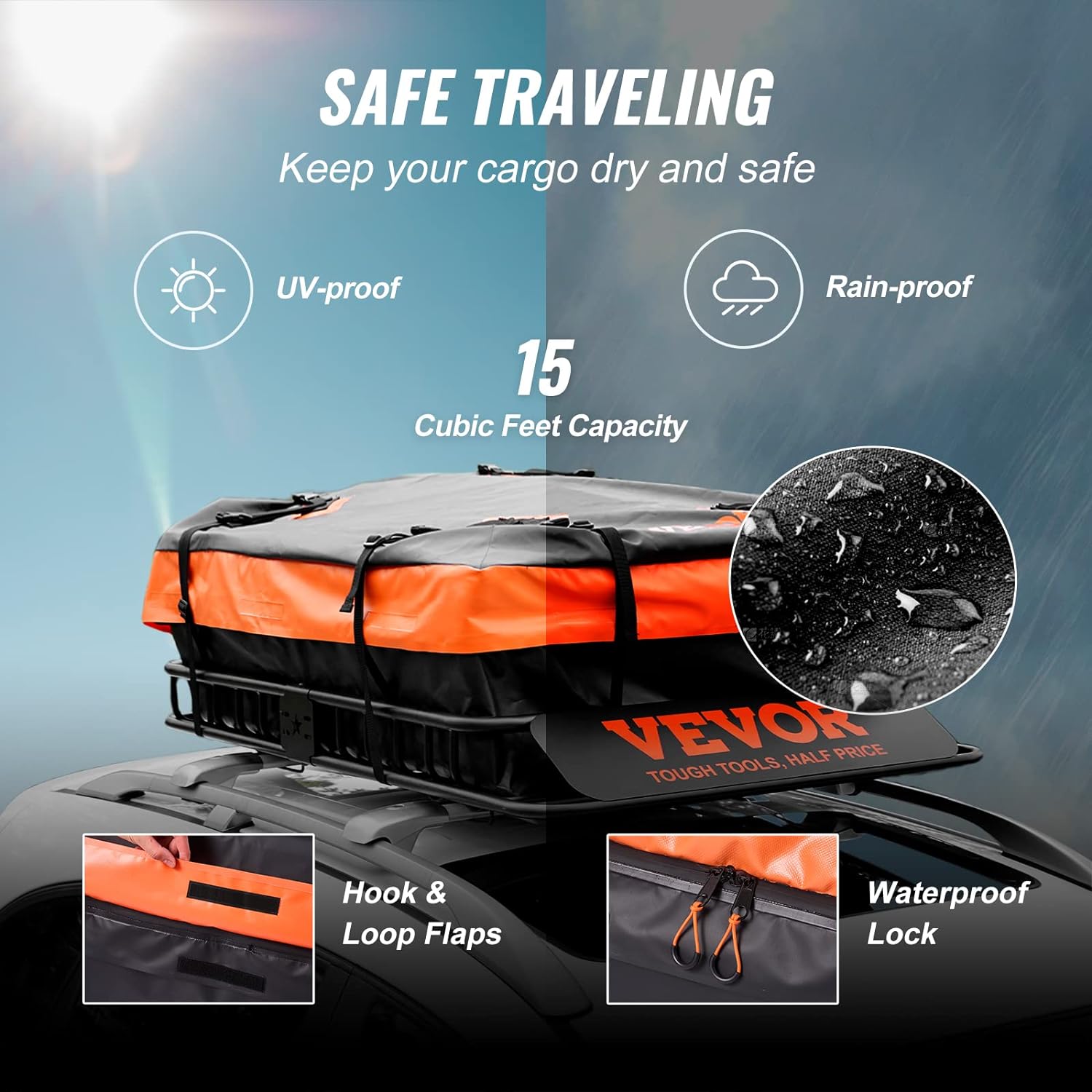 VEVOR Roof Rack Cargo Basket, 51' x 36' x 5' Rooftop Cargo Carrier w/ 15 Cu Ft Waterproof Cargo Bag, 200 LBS Capacity Universal Rack Carrier for SUV, Truck, Pickup