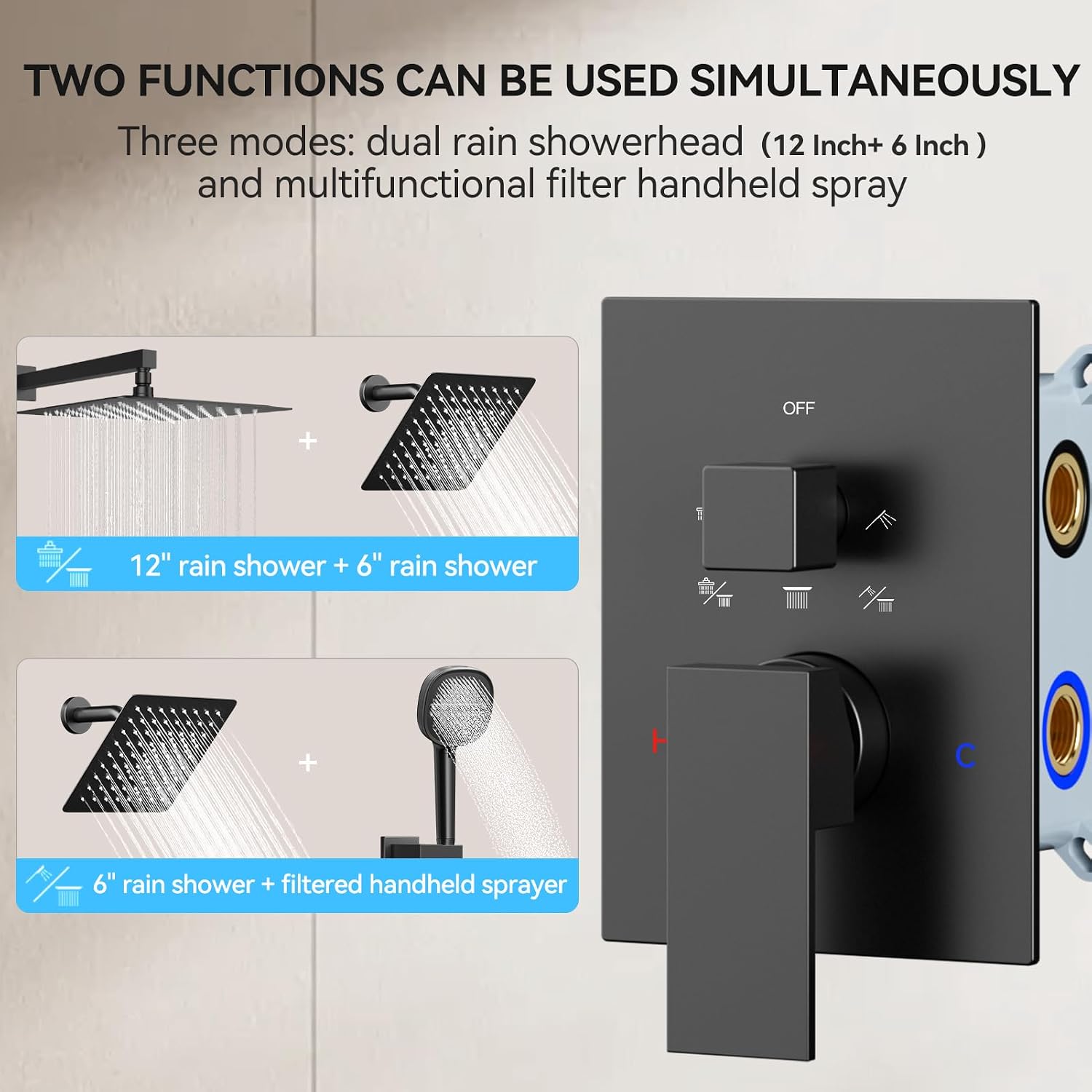 Shower System Matte Black Shower Faucet Sets, Dual Head Shower Set STARBATH 12'' +6'' Wall Mount Rainfall Shower Systems with Multifunctional Filtered Handheld Sprayer for Two Person