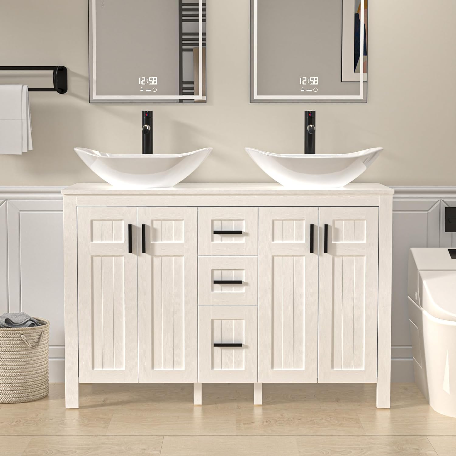 UEV 30' Bathroom Vanity with Sink Combo,Modern Freestanding Sink Cabinet with 3 Drawers,Stylish Bathroom Vanity Cabinet,Grooved Door,Metal Handles,Vessel Sink (Arch Rectangle, 48''White)