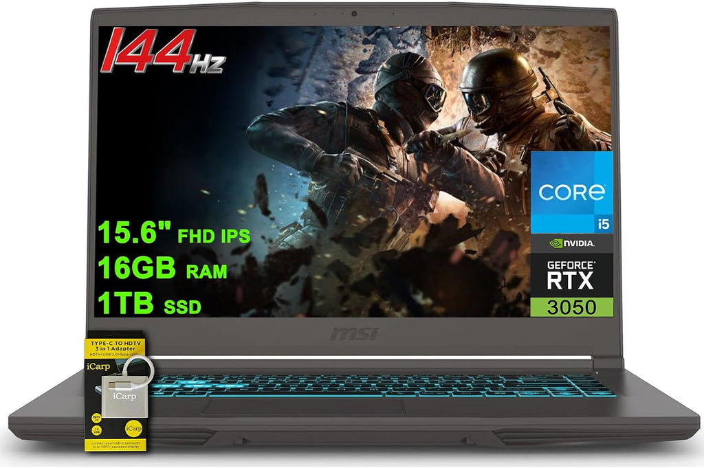 msi Thin 15 Gaming Laptop 15.6' FHD IPS 144Hz Intel 8 core i5-13420H (Beats i7-11800H) 16GB RAM 1TB SSD GeForce RTX 3050 Backlit Type-C Win11 ICP Hub