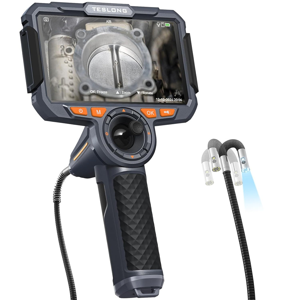 Teslong 4-Way Articulating Borescope with Dual Lens Endoscope, 1080P HD Steerable Mechanic Inspection Camera with with LED Light, See in Wall Automotive Engine Scope(0.24inch-5FT)