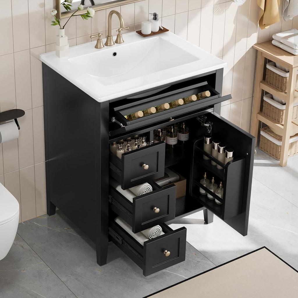 24-inch Bathroom Vanity with Sink Combo, Free-Standing Single Storage Cabinet with Tilt-Out Drawer, 3 Drawers, Adjustable Shelf & Storage Rack, Vanity with Ceramic Basin for Bathroom (Black)