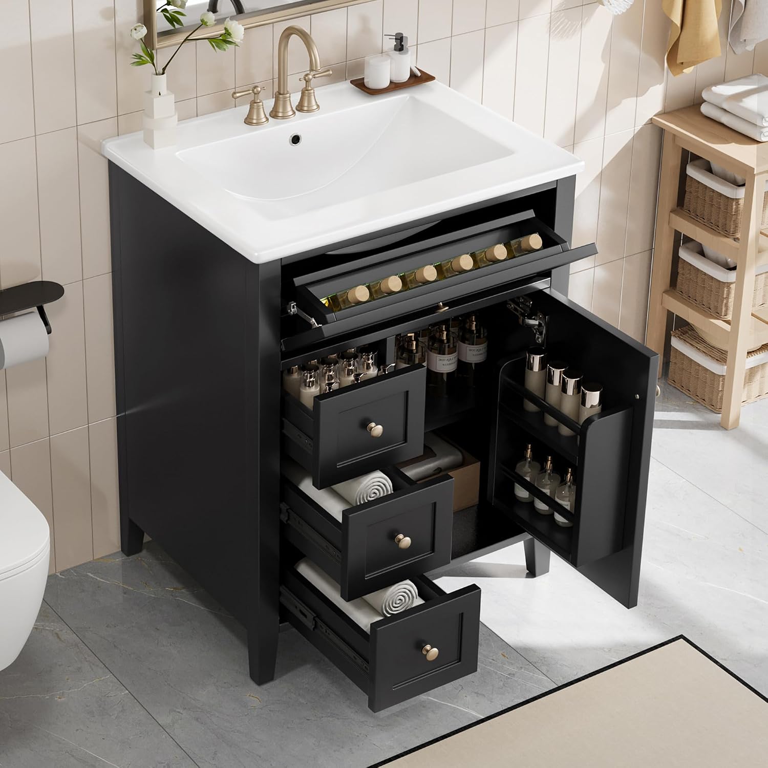 24-inch Bathroom Vanity with Sink Combo, Free-Standing Single Storage Cabinet with Tilt-Out Drawer, 3 Drawers, Adjustable Shelf & Storage Rack, Vanity with Ceramic Basin for Bathroom (Black)