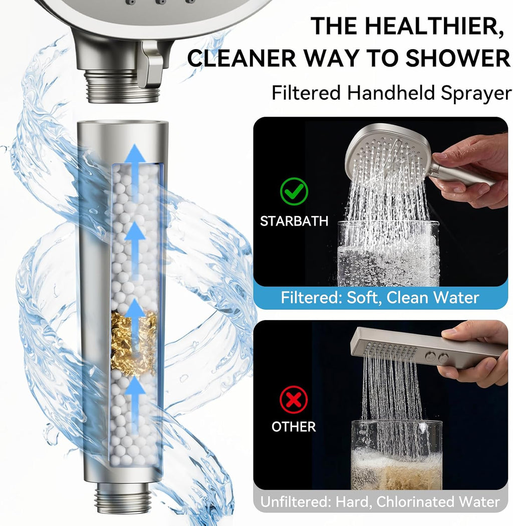 Shower Faucet Set Brushed Nickel Shower System, Dual Head Shower Set STARBATH 12'' Ceiling Mount and 6''Wall Mount Rainfall Shower Systems with Multifunctional Filtered Handheld Sprayer